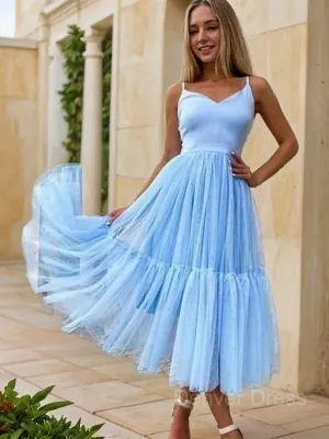 A-Line V-neck Tea-Length Tulle Homecoming Dresses With Pleated