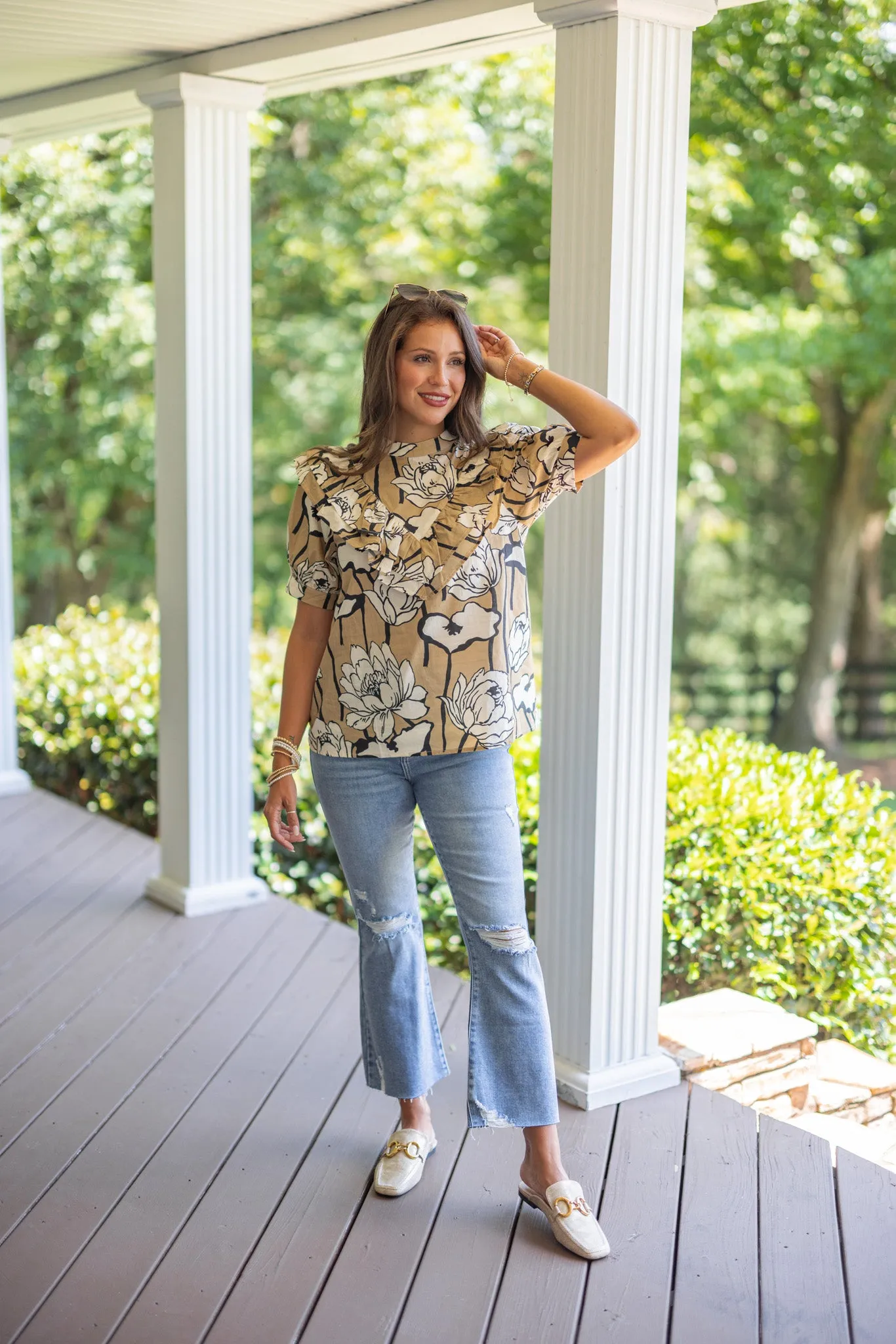 Abstract Blooms Taupe Floral Top