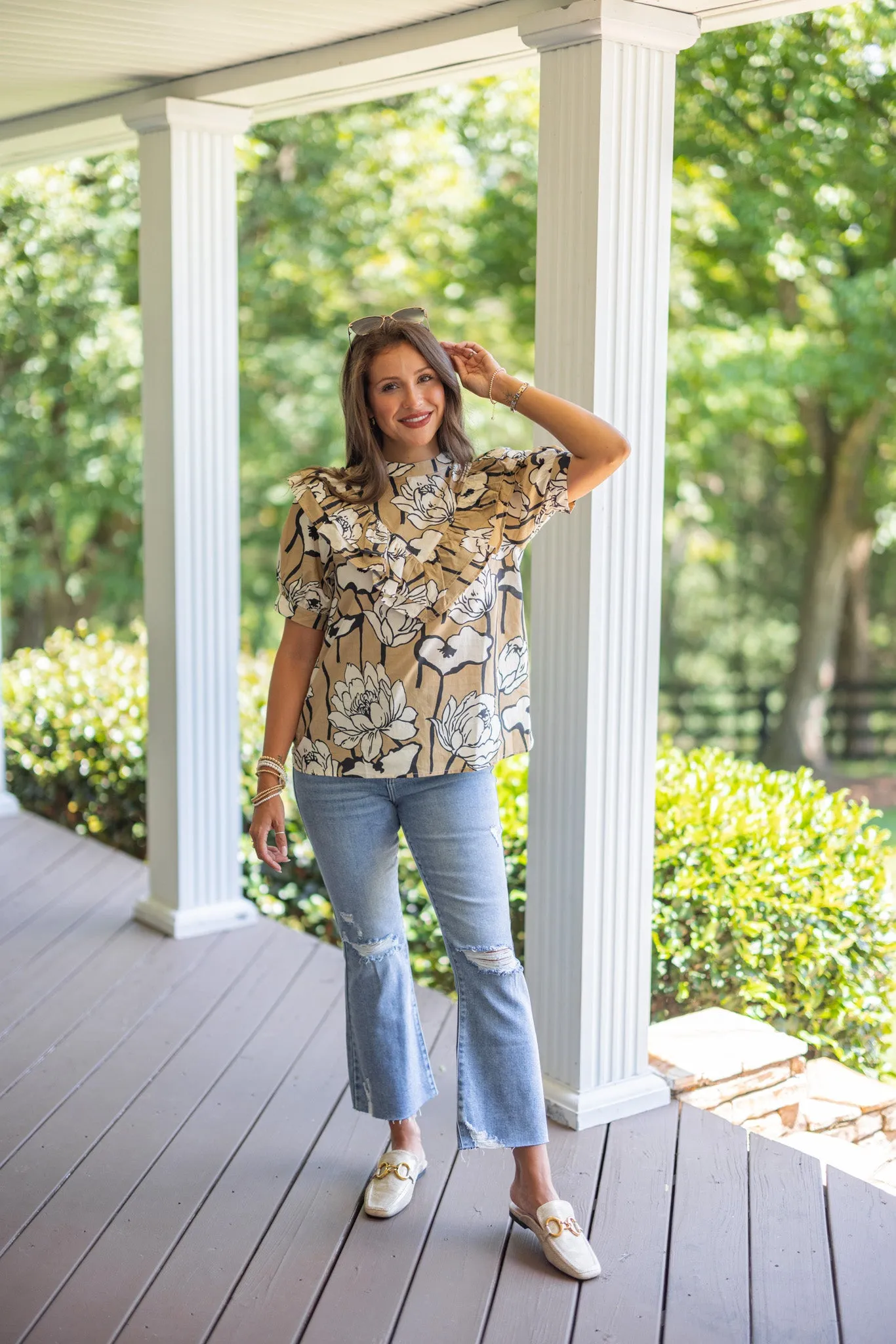 Abstract Blooms Taupe Floral Top