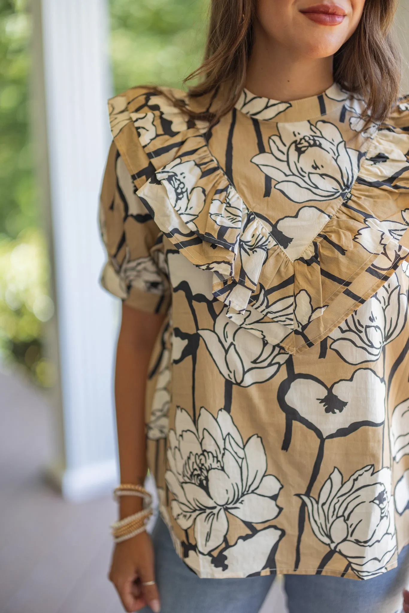 Abstract Blooms Taupe Floral Top