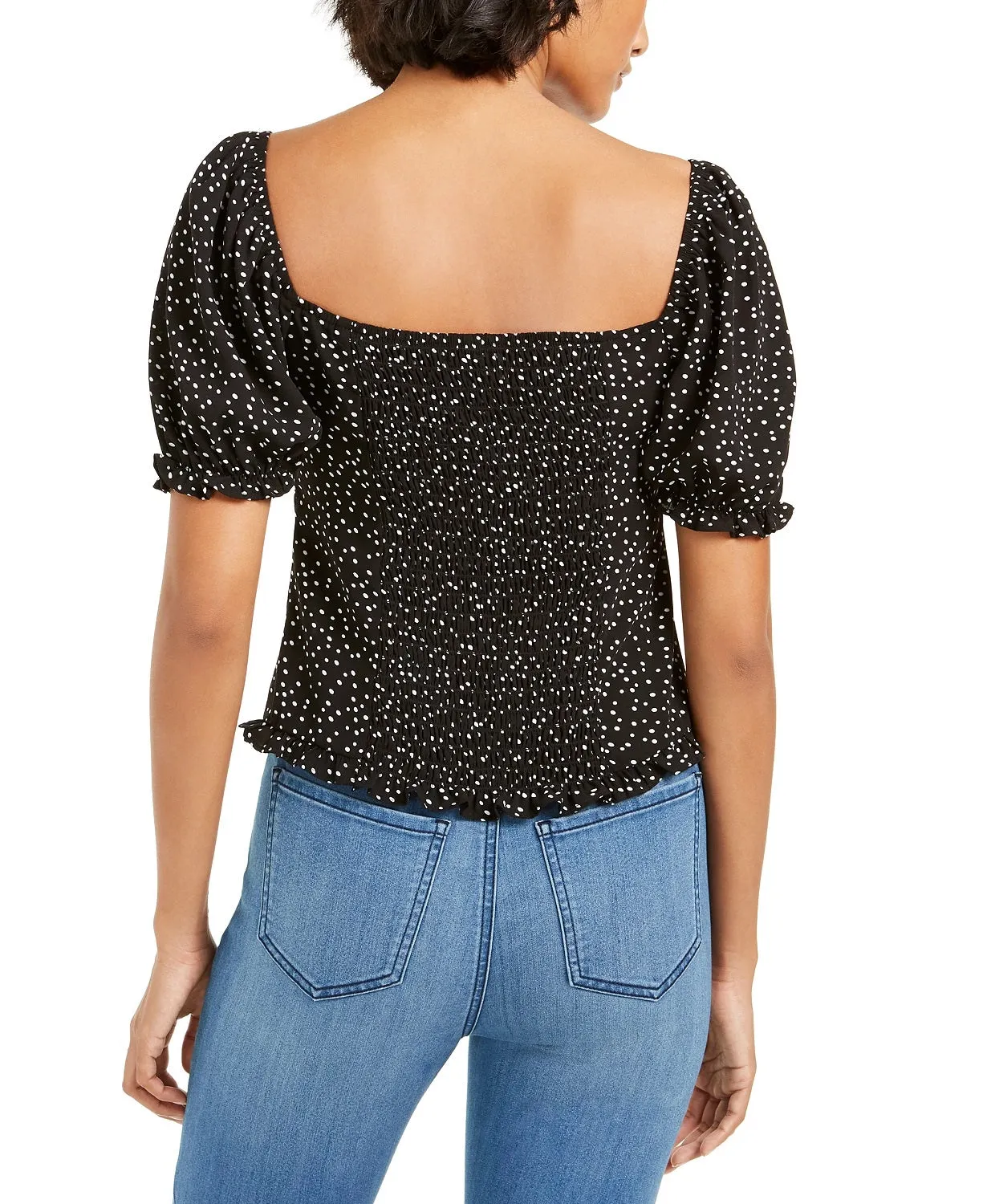 Ash & Violet Women's Polka Dot Knot Front Pouf Sleeve Top Black