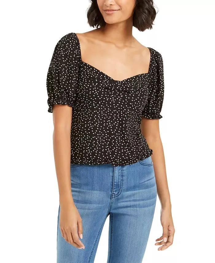 Ash & Violet Women's Polka Dot Knot Front Pouf Sleeve Top Black