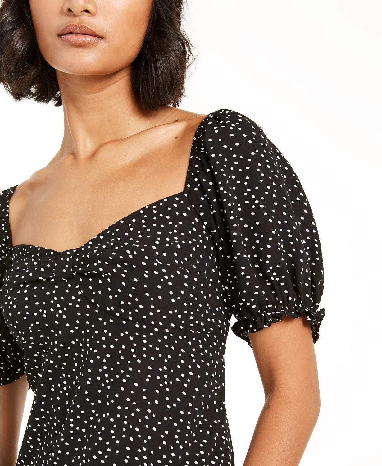 Ash & Violet Women's Polka Dot Knot Front Pouf Sleeve Top Black