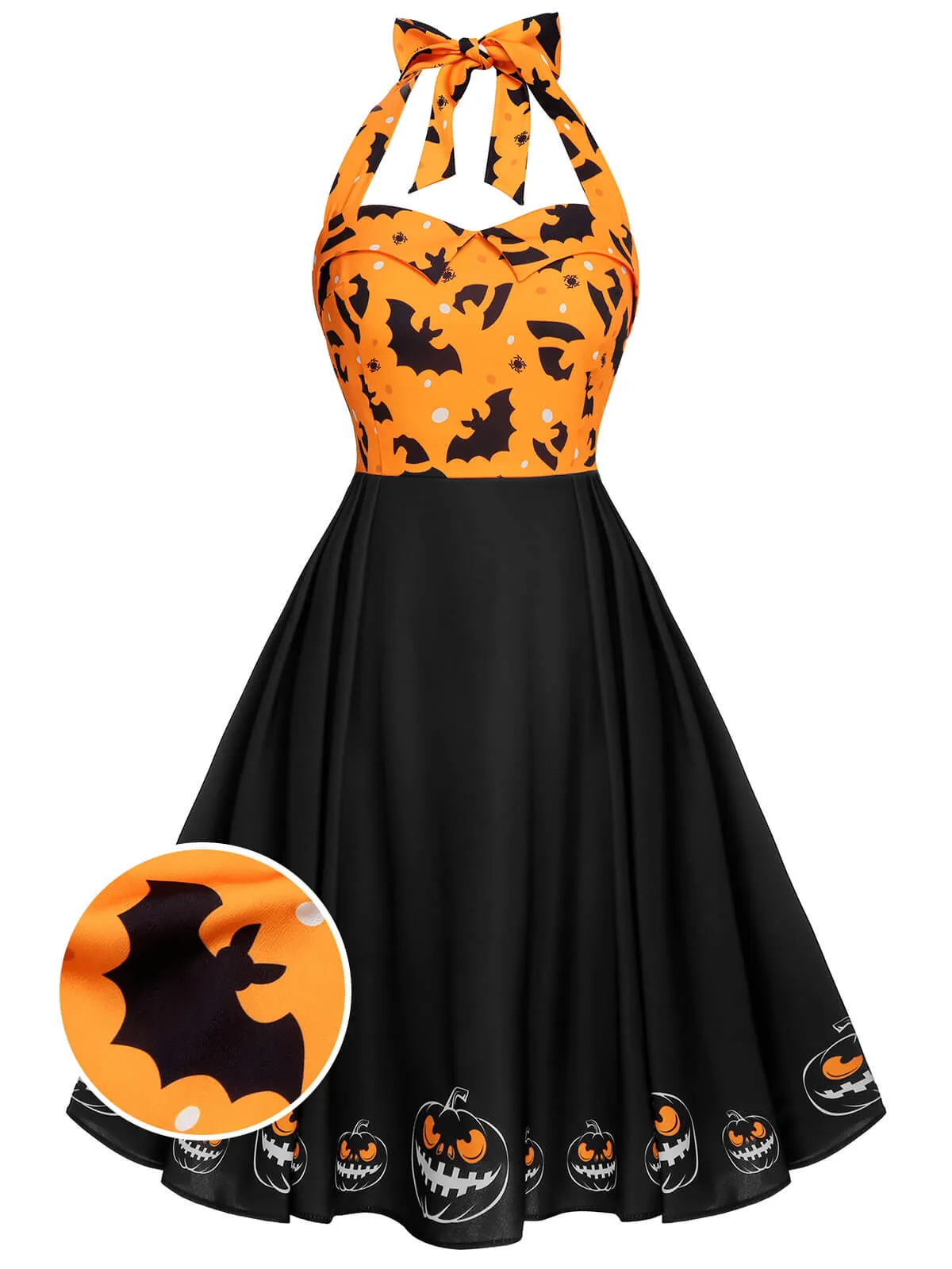 Black 1950s Halloween Pumpkin Bat Halter Dress