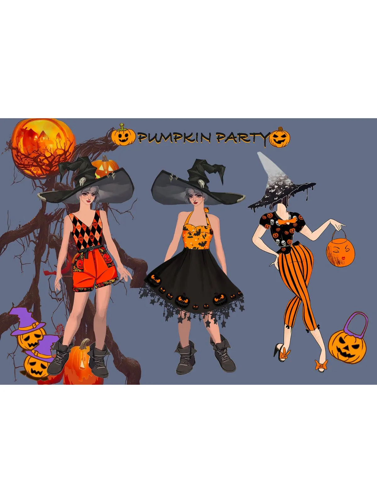 Black 1950s Halloween Pumpkin Bat Halter Dress