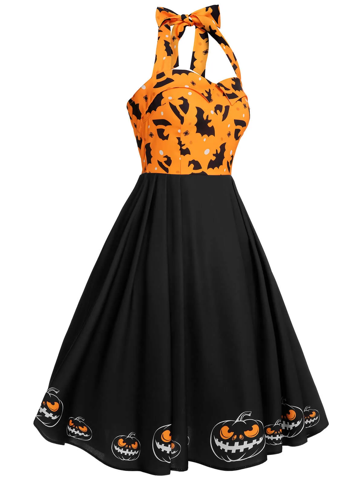 Black 1950s Halloween Pumpkin Bat Halter Dress