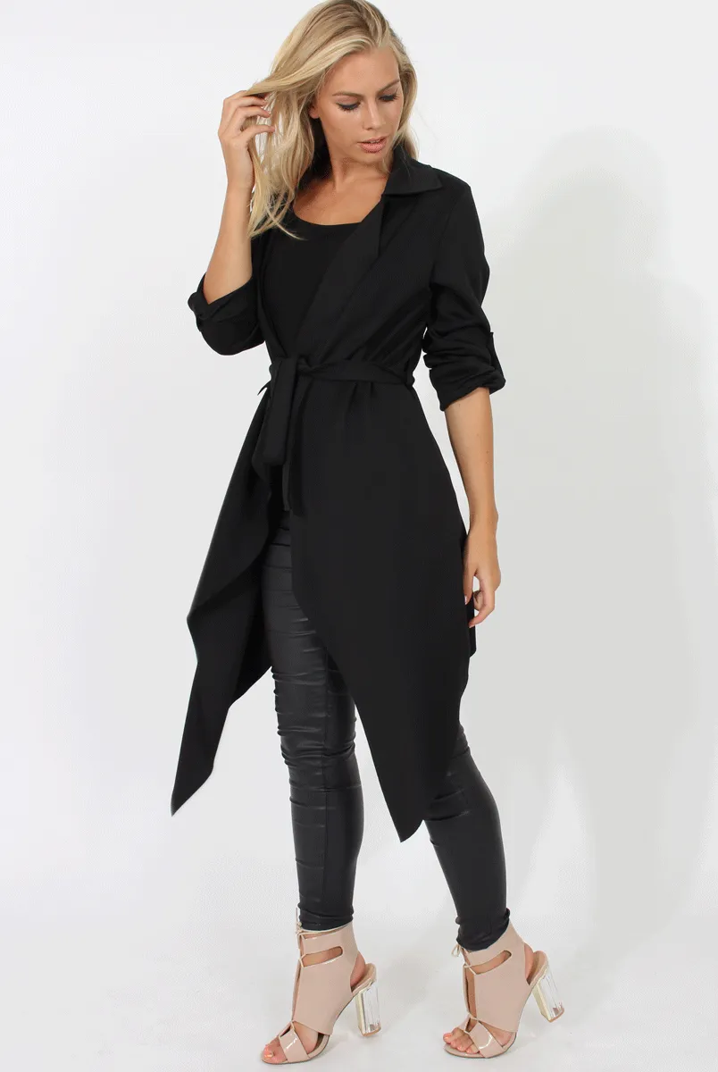 Black Belted Waterfall Duster Jacket - Aisla