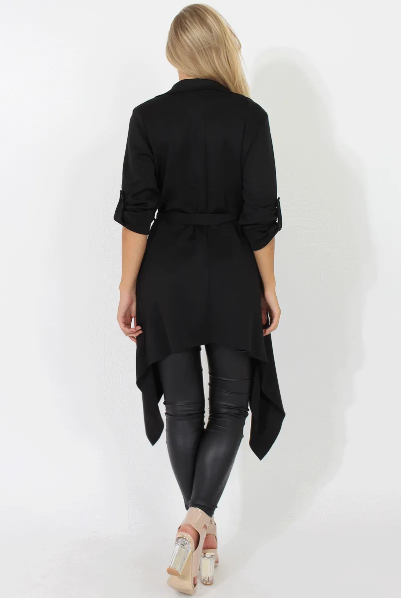 Black Belted Waterfall Duster Jacket - Aisla