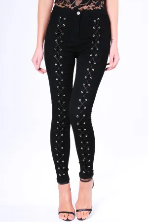 Black Lace Up High Waisted Skinny Jeans - Aariya