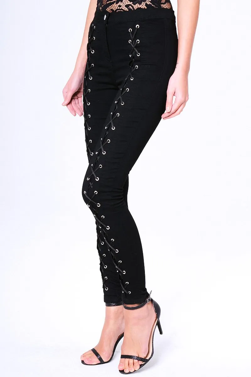 Black Lace Up High Waisted Skinny Jeans - Aariya