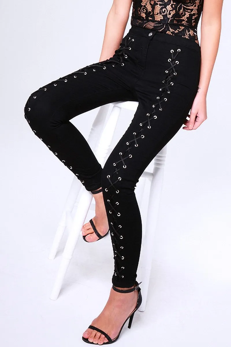 Black Lace Up High Waisted Skinny Jeans - Aariya