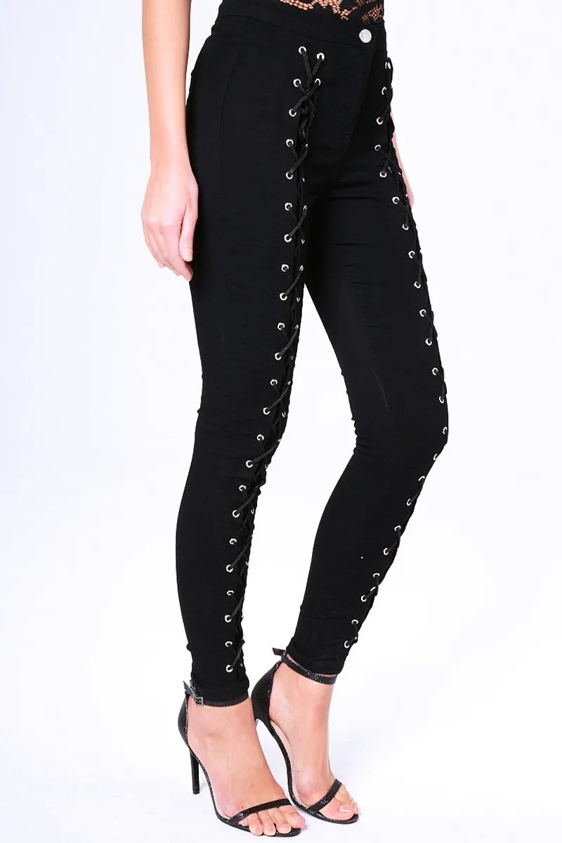 Black Lace Up High Waisted Skinny Jeans - Aariya