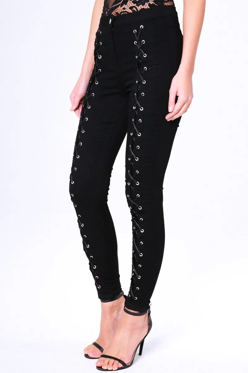 Black Lace Up High Waisted Skinny Jeans - Aariya