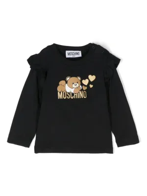 Black Long Sleeve Ruffled Heart Bear Tee