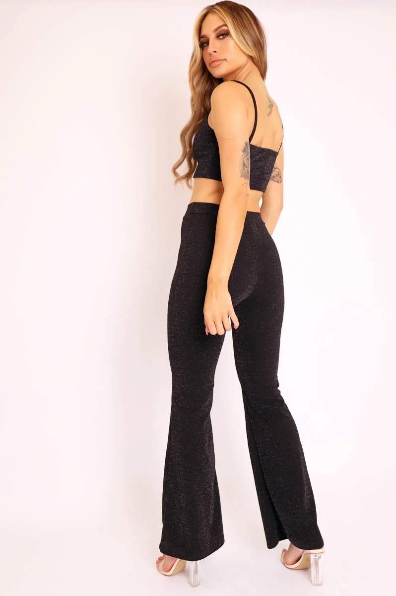 Black Lurex Glitter Crop Top Flared Trouser Co-ord - Niasia