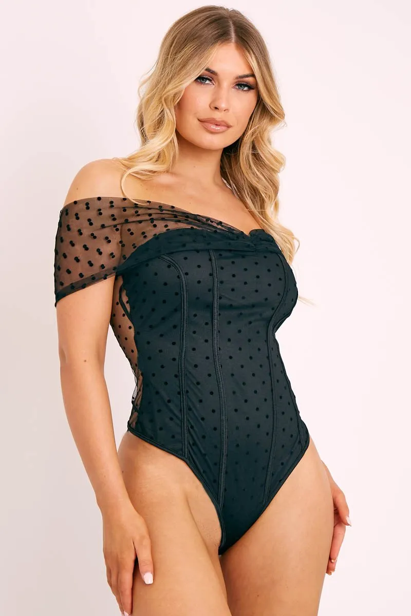 Black Polka Dot Mesh Bardot Bodysuit - Sallie