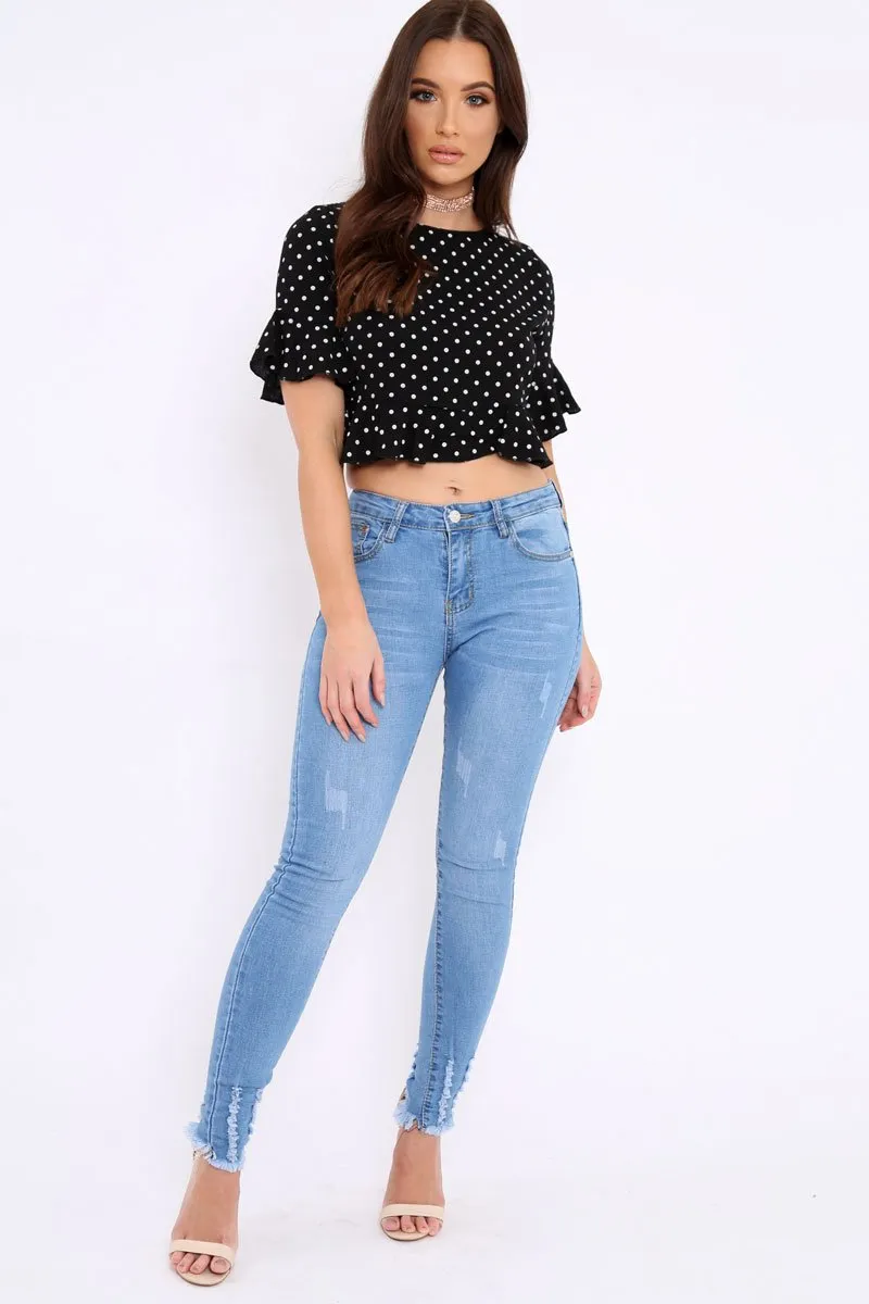 Black Polka Dot Ruffle Crop Top - Ivie