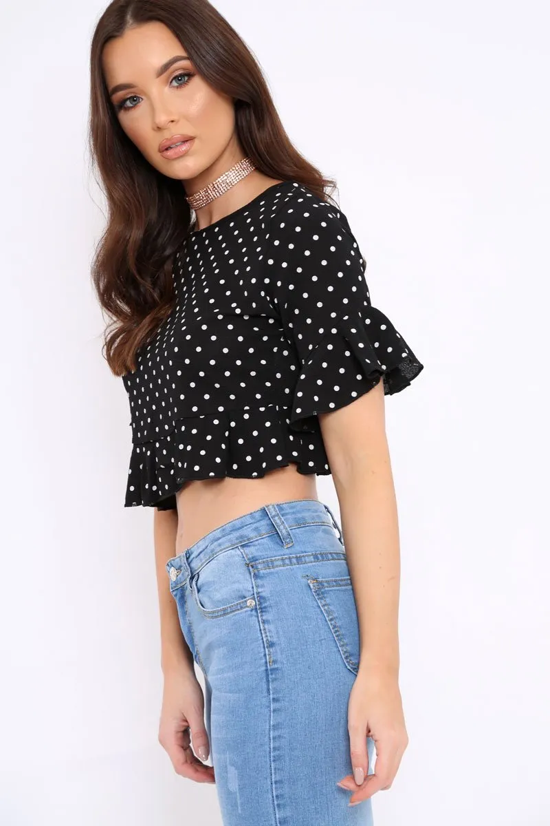 Black Polka Dot Ruffle Crop Top - Ivie