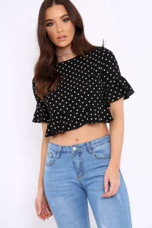 Black Polka Dot Ruffle Crop Top - Ivie