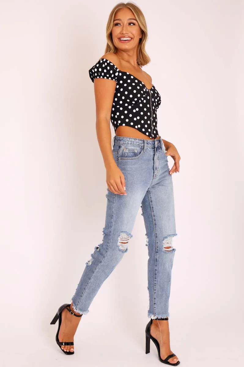 Black White Polka Dot Zip Front Milkmaid Crop Top - Rubie