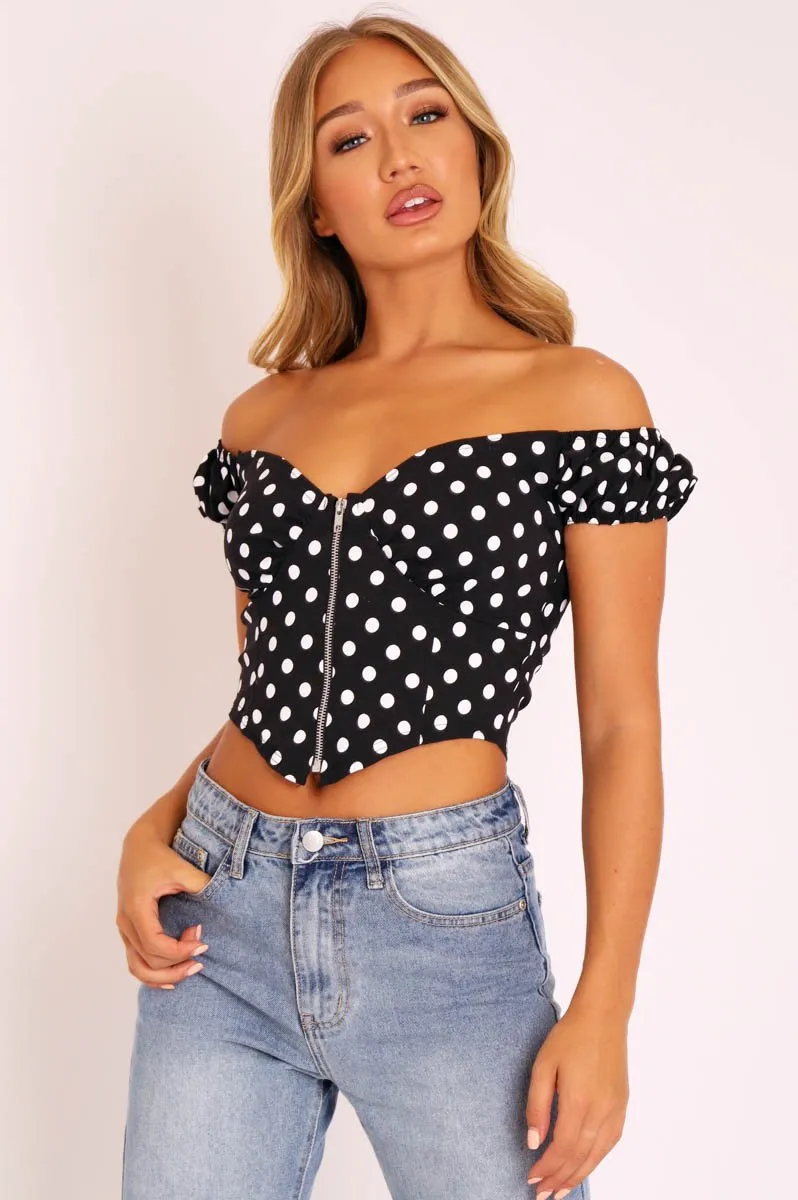 Black White Polka Dot Zip Front Milkmaid Crop Top - Rubie