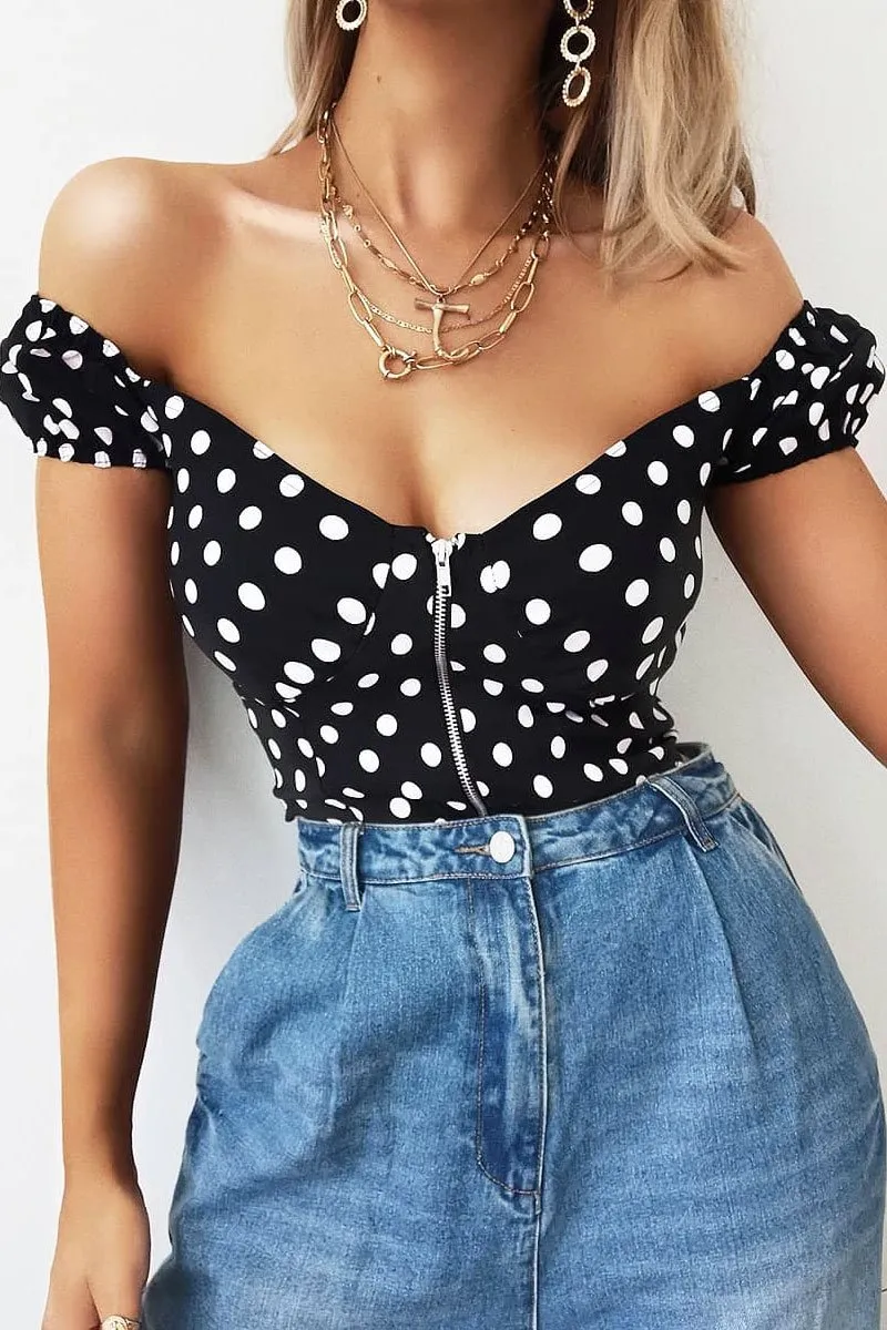 Black White Polka Dot Zip Front Milkmaid Crop Top - Rubie