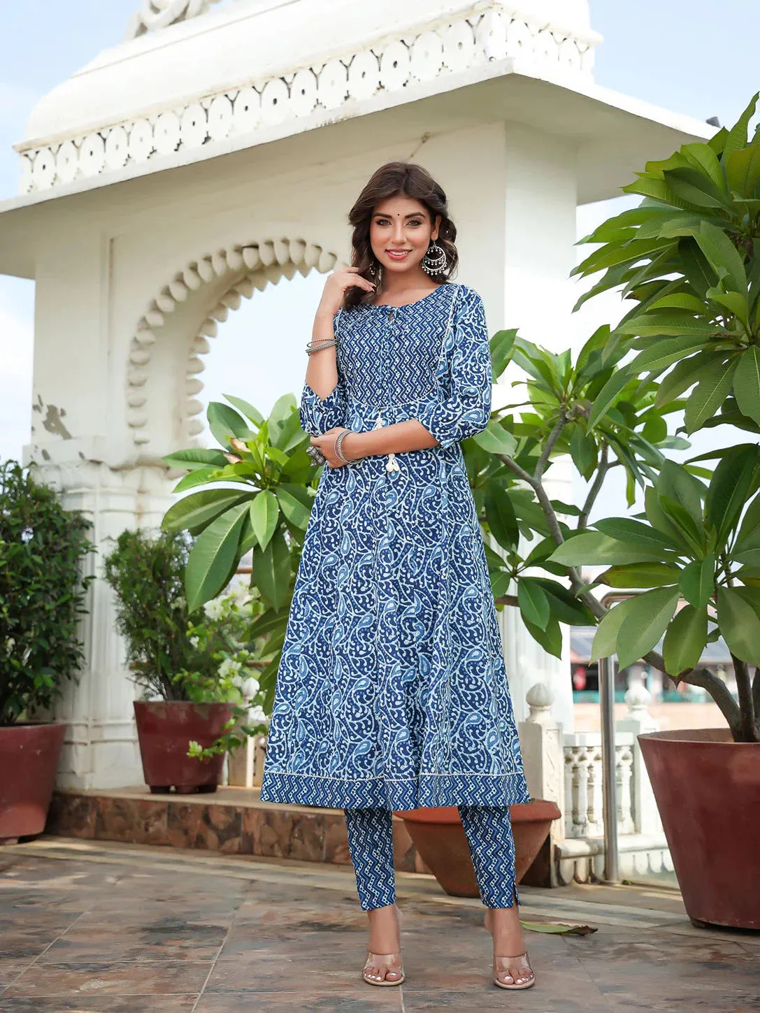 Blue Ethnic Motifs Printed Regular Sequined Pure Cotton Kurta With Trousers & With Dupatta