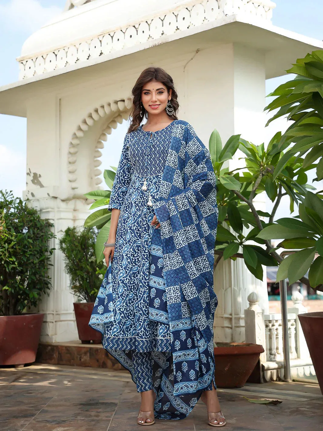 Blue Ethnic Motifs Printed Regular Sequined Pure Cotton Kurta With Trousers & With Dupatta