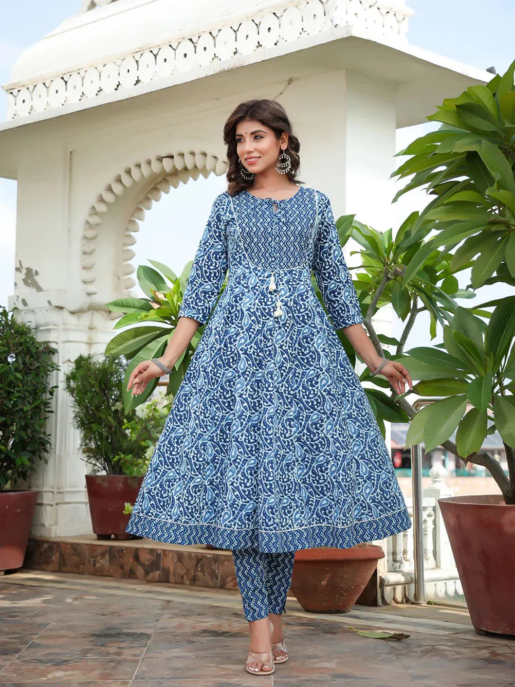 Blue Ethnic Motifs Printed Regular Sequined Pure Cotton Kurta With Trousers & With Dupatta