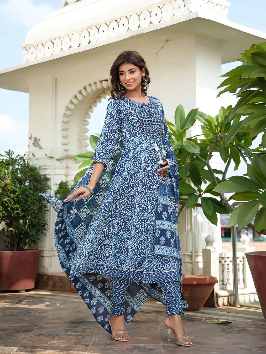 Blue Ethnic Motifs Printed Regular Sequined Pure Cotton Kurta With Trousers & With Dupatta