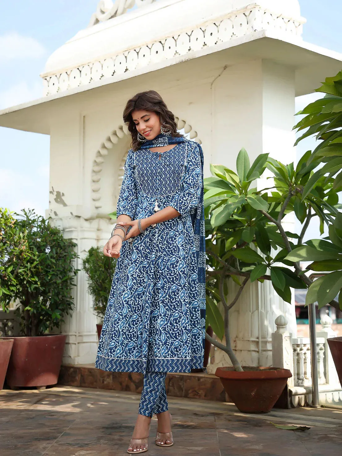 Blue Ethnic Motifs Printed Regular Sequined Pure Cotton Kurta With Trousers & With Dupatta