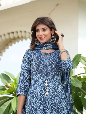 Blue Ethnic Motifs Printed Regular Sequined Pure Cotton Kurta With Trousers & With Dupatta