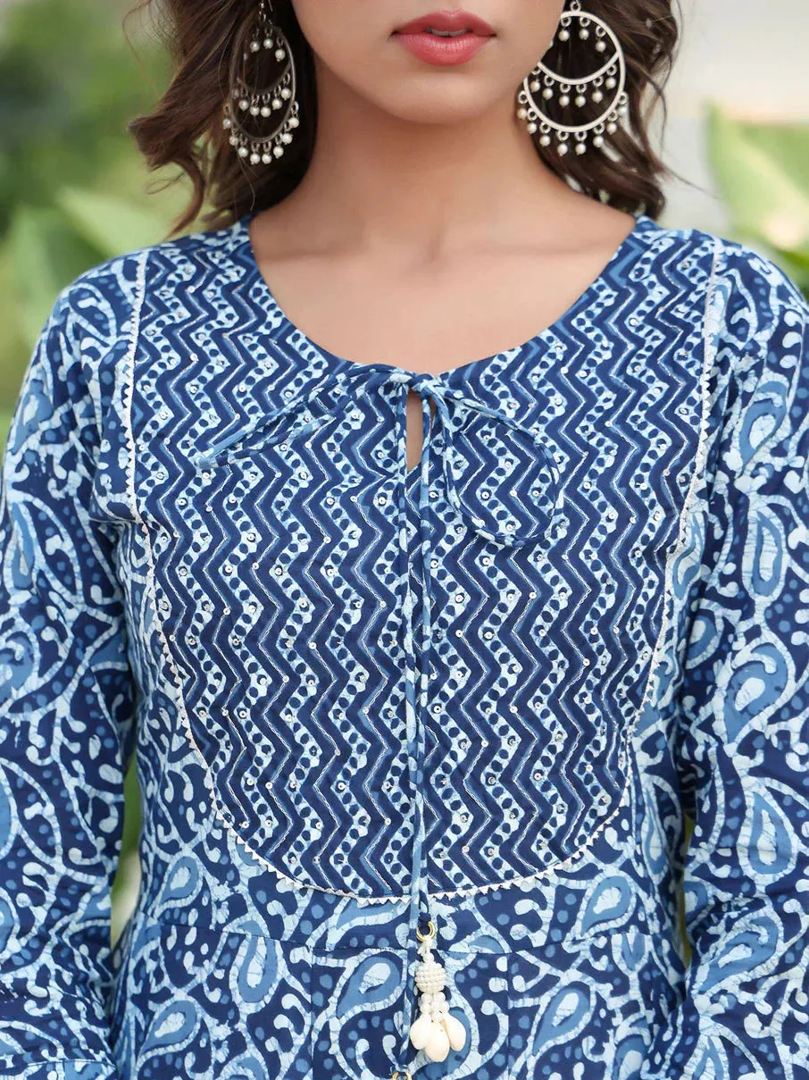 Blue Ethnic Motifs Printed Regular Sequined Pure Cotton Kurta With Trousers & With Dupatta