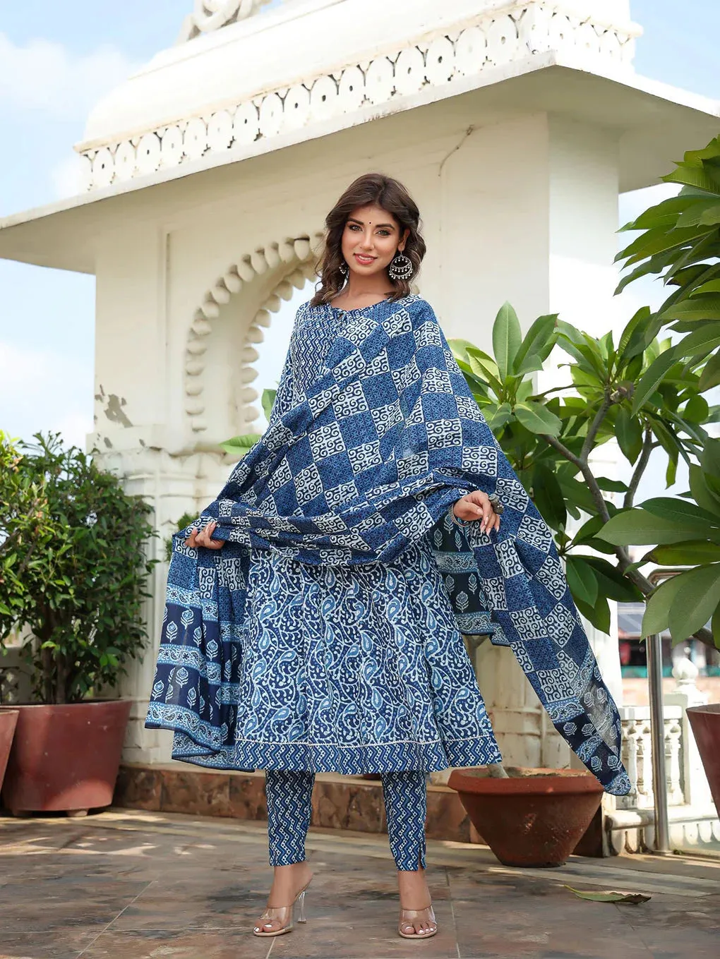 Blue Ethnic Motifs Printed Regular Sequined Pure Cotton Kurta With Trousers & With Dupatta