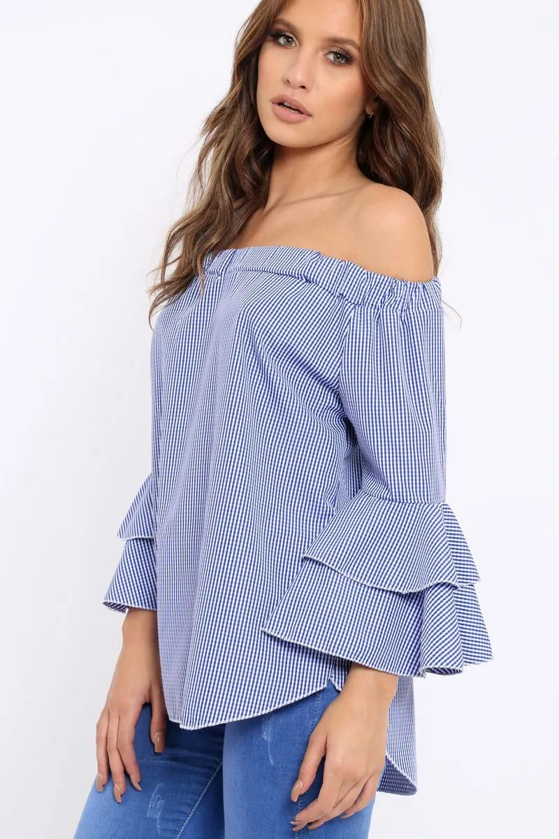 Blue Gingham Bell sleeve Bardot Top - Ilsa