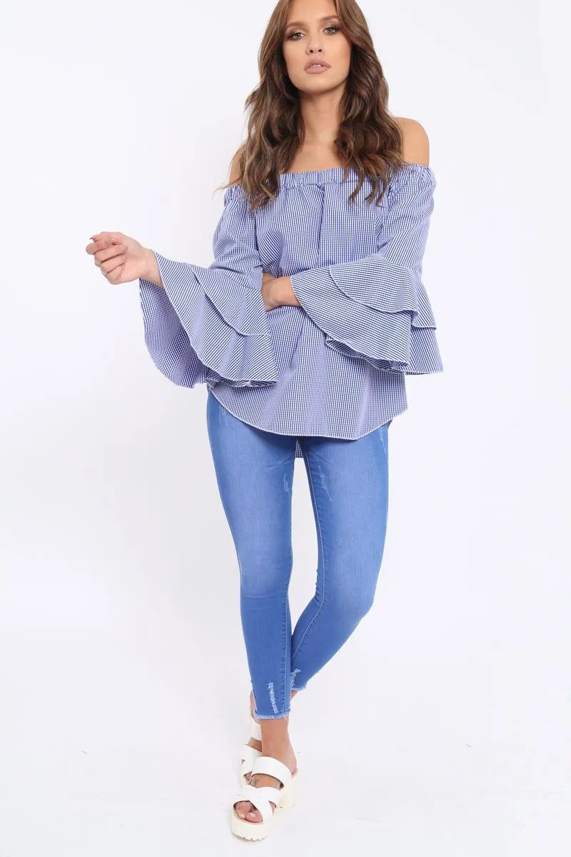 Blue Gingham Bell sleeve Bardot Top - Ilsa