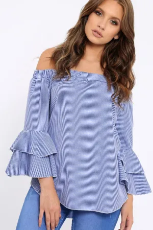 Blue Gingham Bell sleeve Bardot Top - Ilsa