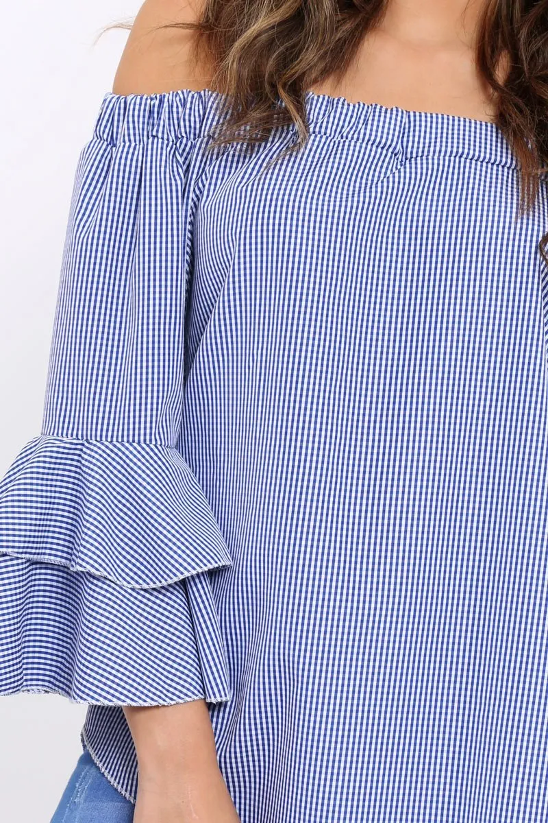 Blue Gingham Bell sleeve Bardot Top - Ilsa