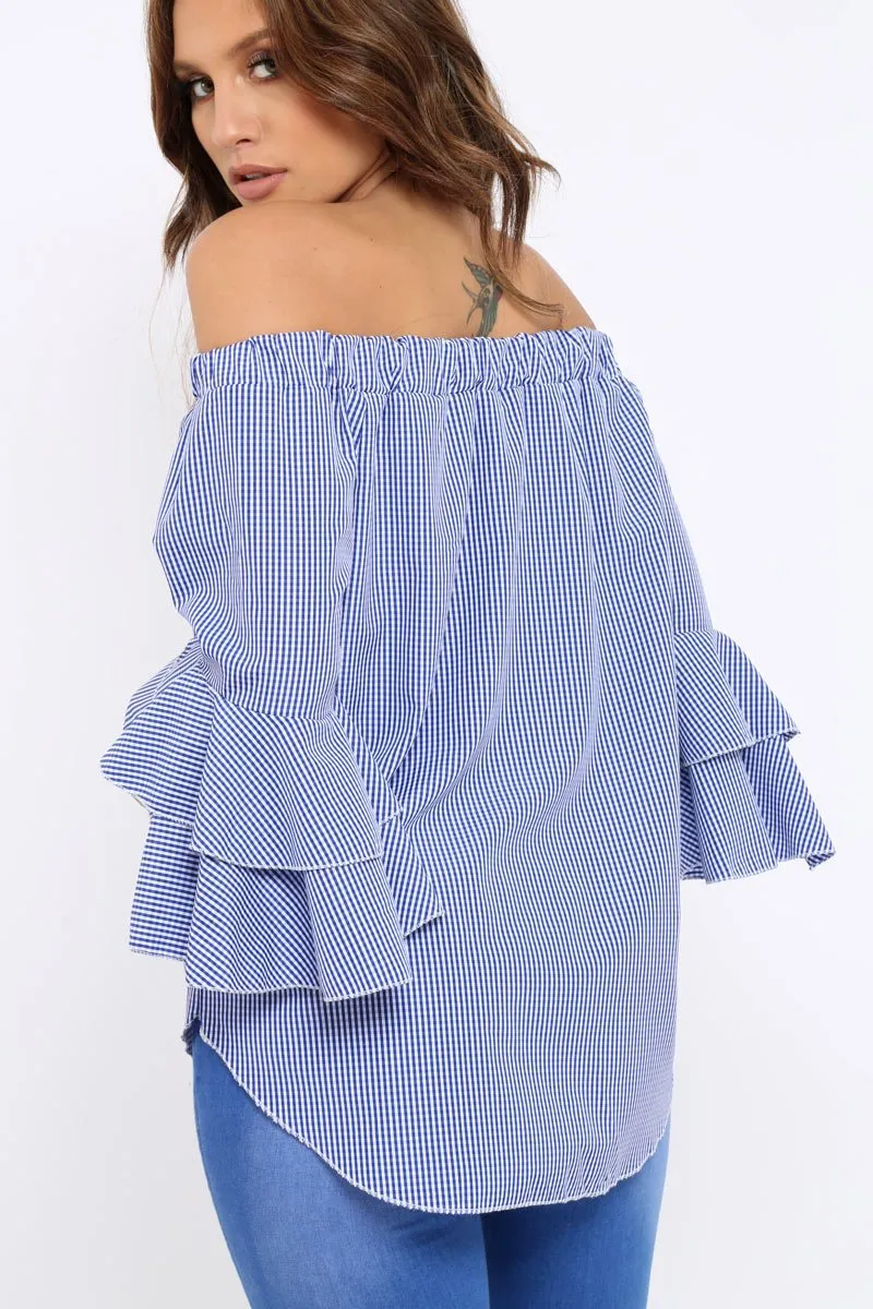 Blue Gingham Bell sleeve Bardot Top - Ilsa