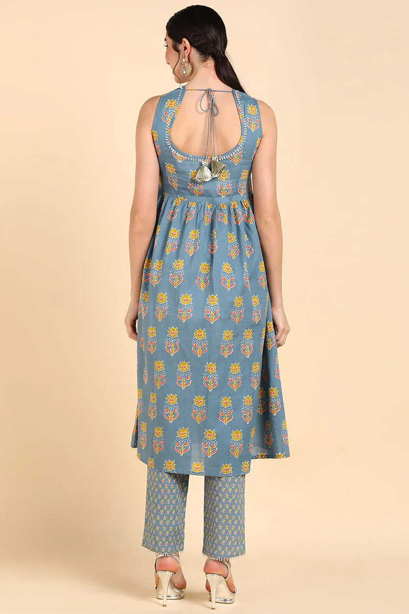 Blue Pure Cotton Floral Print Anarkali Kurta Set