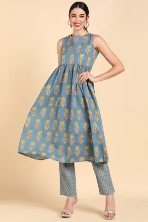 Blue Pure Cotton Floral Print Anarkali Kurta Set