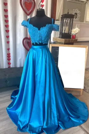 Blue Satin Off the Shoulder Long Prom Dresses Two Pieces Evening Dresses