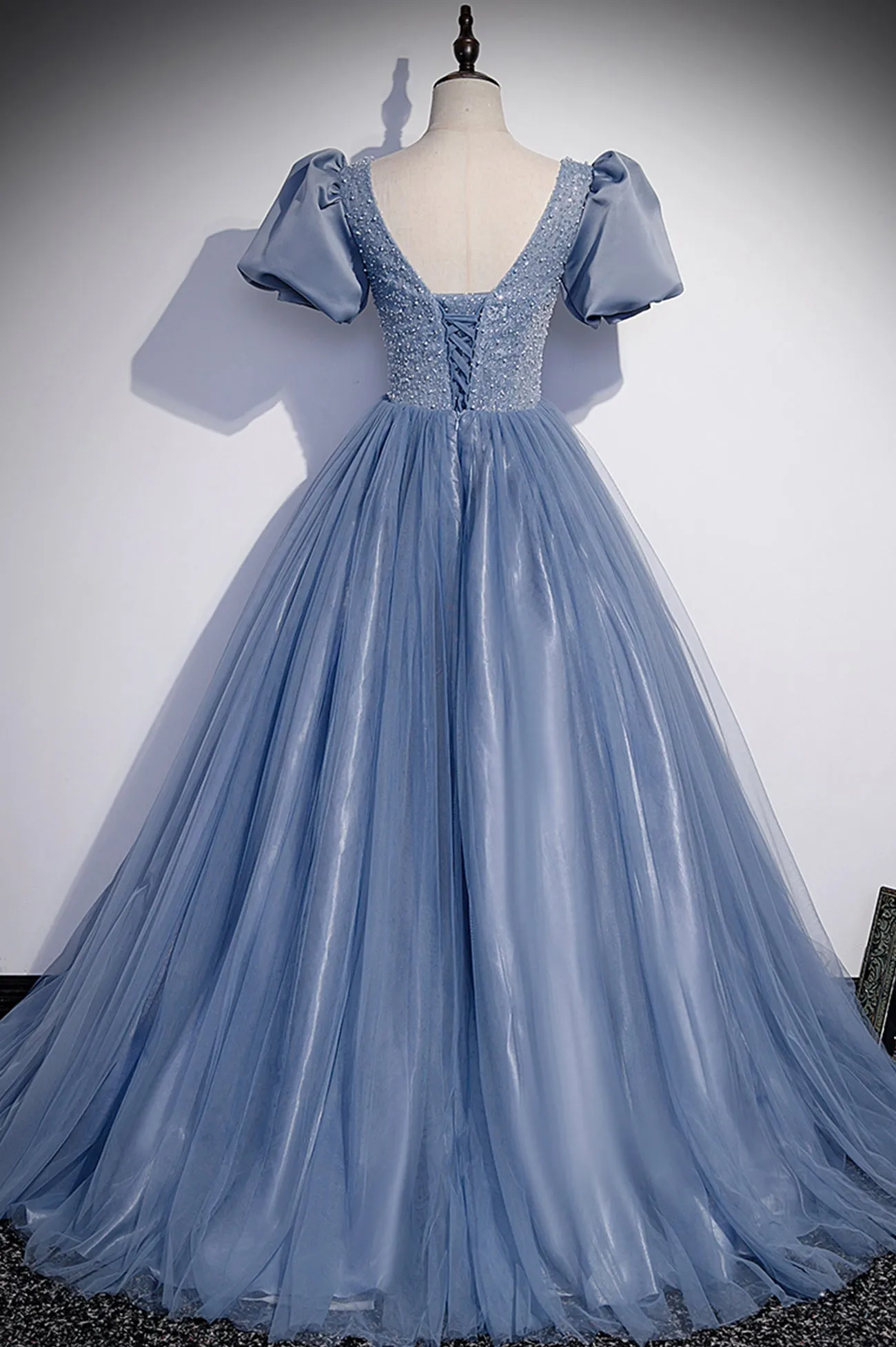 Blue Tulle Beading Long Prom Dresses A-Line Short Sleeve Evening Dresses