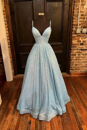 Blue V-Neck Sequins Long Prom Dresses A-Line Evening Dresses