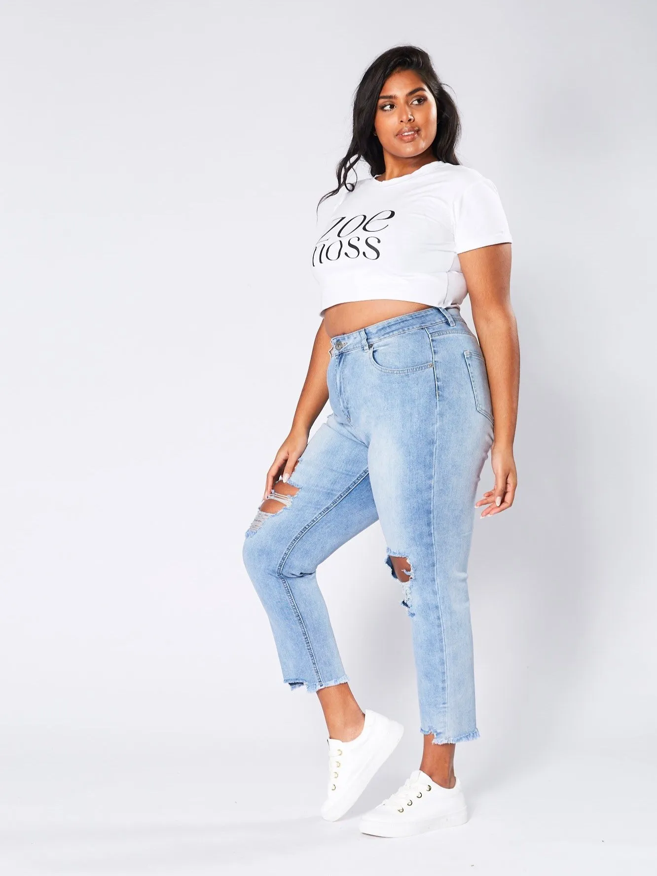 Boyfriend Distressed Jeans - Blue Wash