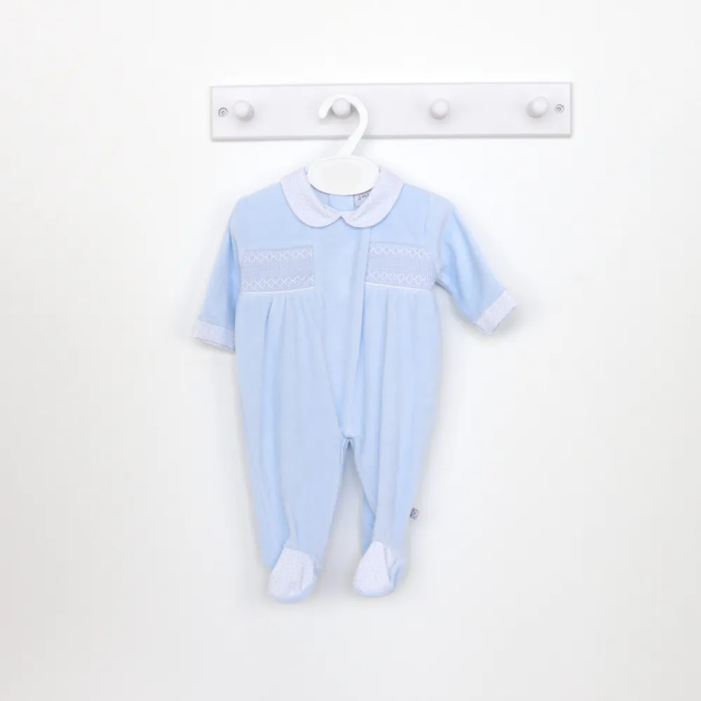 Blue Velour Smocked Sleepsuit for Boys