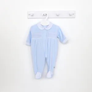 Blue Velour Smocked Sleepsuit for Boys