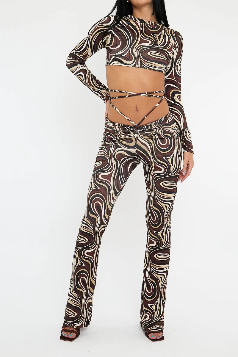 Brown Marble Print Crop Top & Tie Waist Trouser Set - Stevii