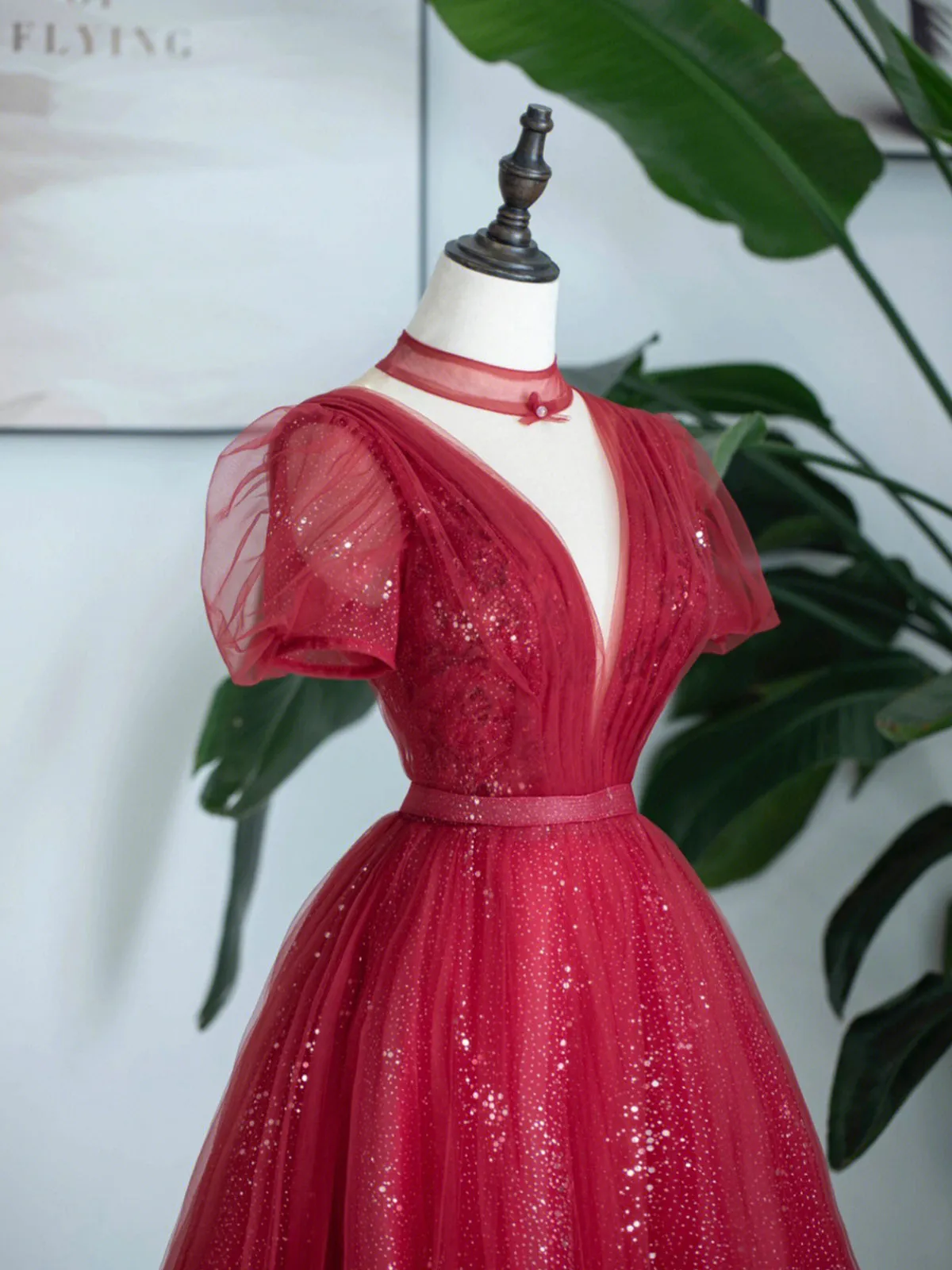 Burgundy Tulle Sequins Tea Length Prom Dress A-Line Evening Party Dress