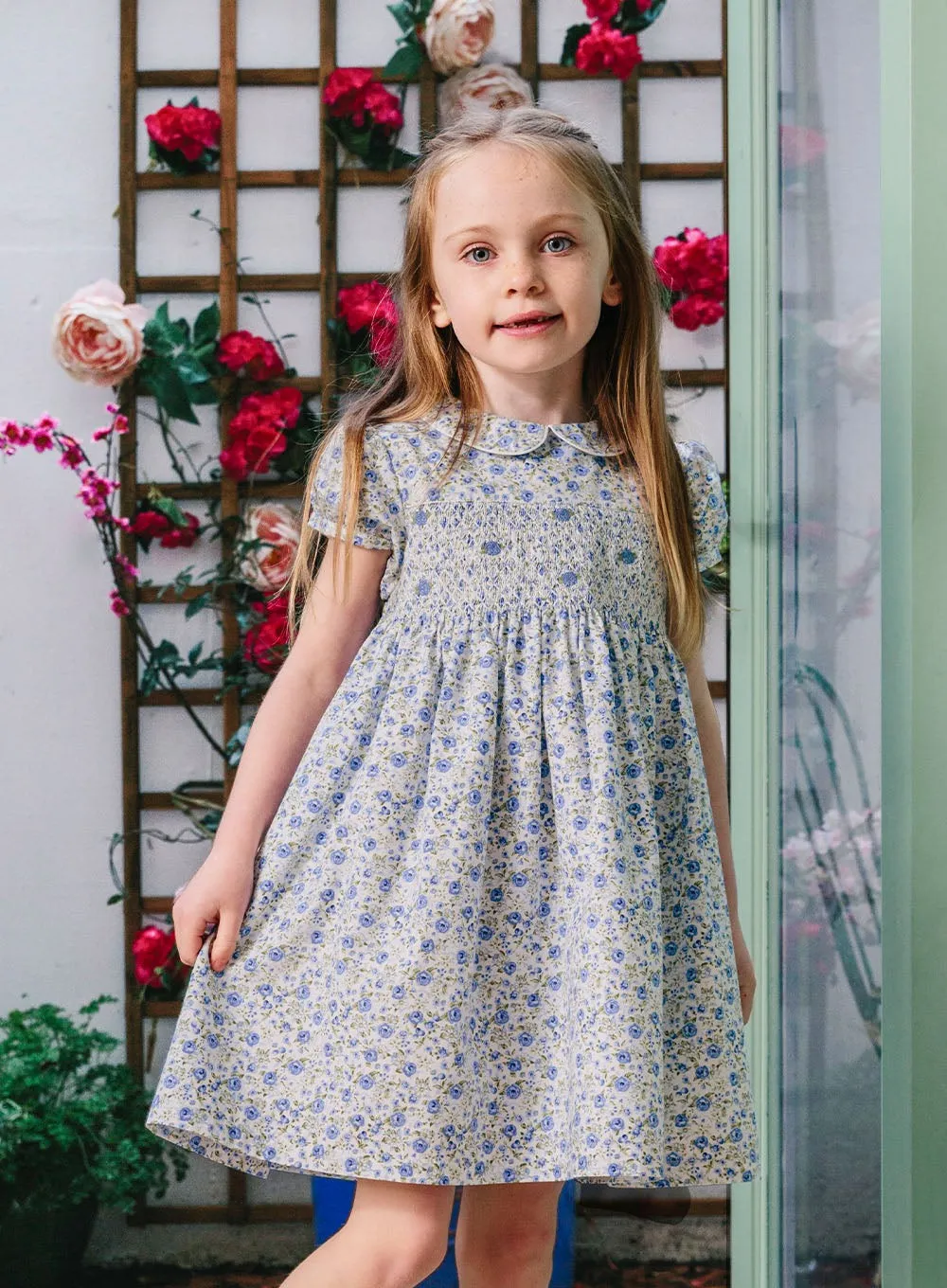 Catherine Smocked Dress in Blue Rose